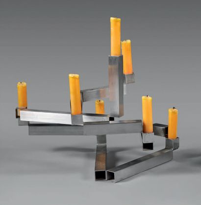 Vincent BATBEDAT (1932-2010) : Torch in square section tube, in brushed metal sectioned...