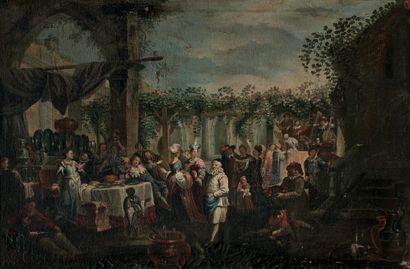École BOLONAISE du début du XVIIIe siècle : PARTY IN A COURTYARD OF A VENETIAN PALACE....