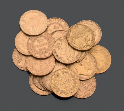 null 
FRANCE. Eighteen yellow gold coins. - Louis-Philippe 1er, 1840 (1) - 1841 (1)....