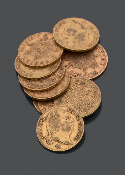 null FRANCE. Dix pièces de vingt francs en or jaune. - Louis XVIII, 1814 (1) - 1818...