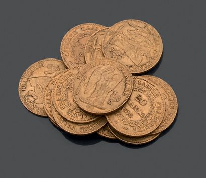 null FRANCE. Treize pièces de vingt francs en or jaune. - IIIe République, Génie,...