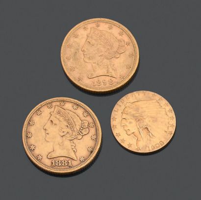 null ETATS-UNIS. Trois pièces en or jaune. - cinq dollars, type Liberty, 1881 (1)...