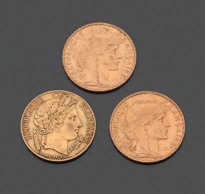 null FRANCE. Trois pièces de vingt francs en or jaune. - IIe République, 1851 (1)....