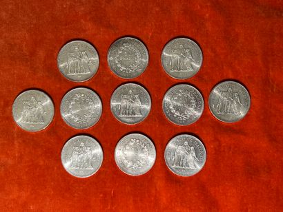 null FRANCE. Eleven silver fifty francs coins. Vth Republic, 1976 (1) - 1977 (9)...