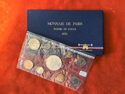 null Box of nine coins "Fleurs de coin" from the Monnaie de Paris, issued in 1974,...