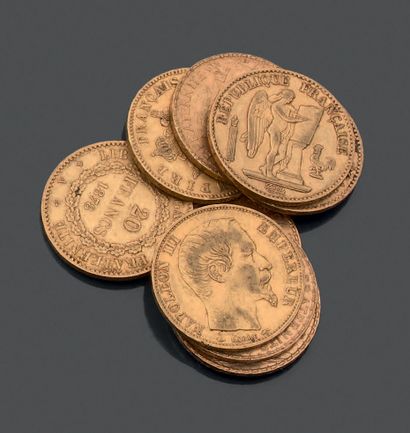 null FRANCE. Neuf pièces de vingt francs en or jaune. - Napoléon III, tête nue, 1854...