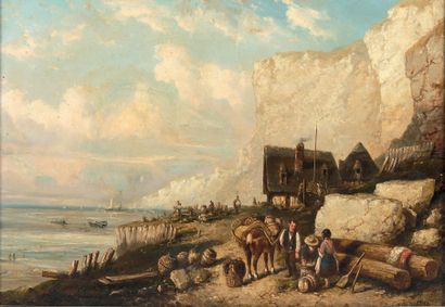 Alessandro CASATI (XIXe siècle) : PEDDLERS IN A SMALL PORT ON A CLIFF BACKGROUND,...