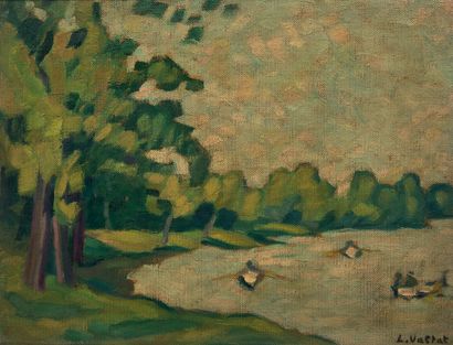 Louis VALTAT (1869-1921) : CANOEISTS ON THE SEINE. Oil on canvas mounted on panel,...