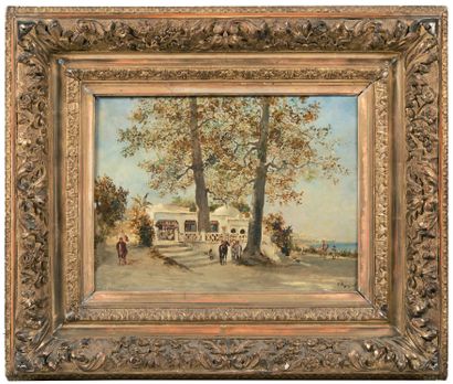 Jules VEYRASSAT (1828-1893) : THE BIG PLANE TREES IN HAMMA, NEAR ALGER. Oil on panel,...