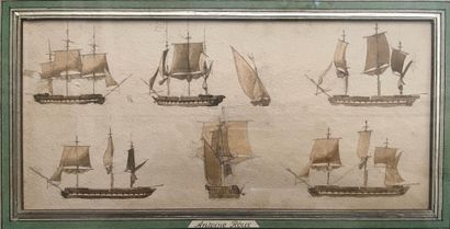 Antoine ROUX (1821-1887) : STUDY OF A THREE-MASTED SHIP. Brown ink wash on orchard....