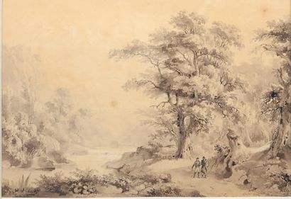 HUBERT*** - École du XIXe siècle : TWO WALKERS IN A LANDSCAPE. Ink and brown ink...