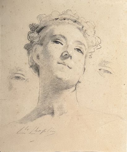 Charles CHAPLIN (1825-1891) : STUDY OF A WOMAN'S FACE AND EYES. Charcoal and white...