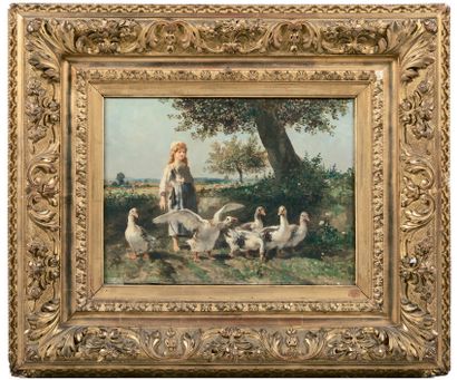 Jules VEYRASSAT (1828-1893) : SMALL GOOSE KEEPER IN A LANDSCAPE. Oil on panel, signed...