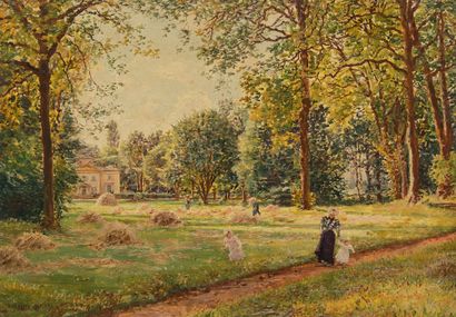 François-Marie FIRMIN-GIRARD (1838-1921) : CHILDREN'S WALK IN A PARK WITH REAPERS....