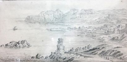 Ecole Française du XVIIIe siècle : VIEWS OF A FORTIFIED PORT CITY. Two pen and ink...
