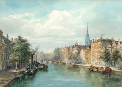 Justin OUVRIÉ (1806-1879) : CANAL AVEC LE CLOCHER DE LA WESTERKERK. Aquarelle, signée...