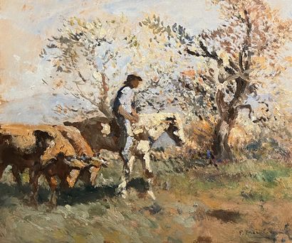 Fernand MAILLAUD (1862-1948) : RIDER IN THE SUN. Oil on panel, signed lower right,...