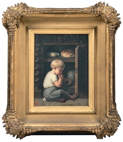 Pierre Joseph TOUSSAINT (1822-1888) : THE LITTLE GOURMET. Oil on panel, signed lower...