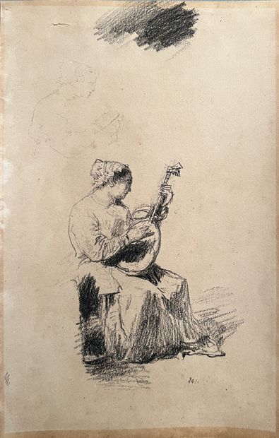 Félix ZIEM (1921-1911) : THE MANDOLIN PLAYER. Charcoal on paper. Bears the number...