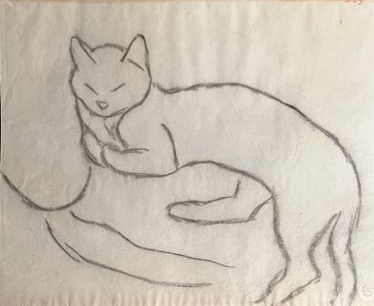 Théophile-Alexandre STEINLEN (1859-1923) : SLEEPING CAT. Charcoal, signed lower right....