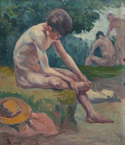 Maximilien LUCE (1858-1941) : YOUNG BATHERS. Oil on old advertising board, signed...