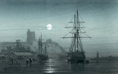 Jules NOËL (1815-1881) : THREE-MASTED SHIP IN PORT, NIGHT EFFECT. Drawing in graphite...