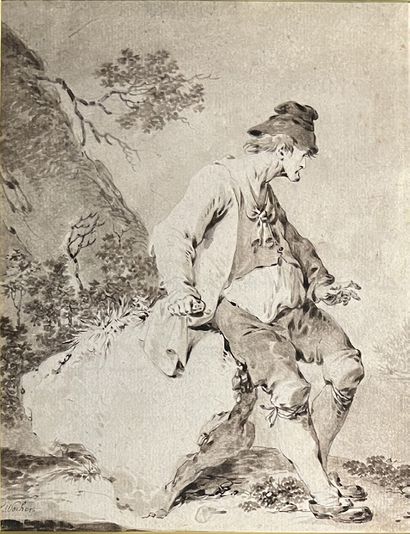Tiberius Domenikus WOCHER (1728-1799) : PEASANT SITTING ON A ROCK. Pen and ink wash...