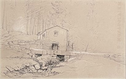 Paul BOREL (1828-1913) : FOREST HOUSE ON THE EDGE OF A STREAM. Pen and white chalk...