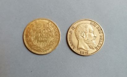 null 
Monnaies d'or : - France, 20 Francs, Napoléon III, tête nue (1859) - Belgique,...