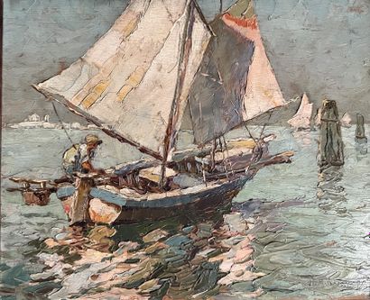 null H.E. WAGNER: FISHERMAN ON HIS FELUCCA. Oil on panel, signed lower right. 22,5...