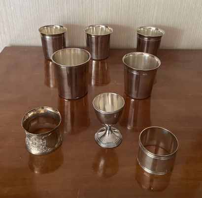 null 
Silver plated metal: five timbales and an egg cup.
