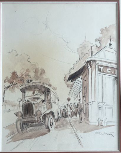 null Geo HAM (1900-1972): THE OMNIBUS STATION. Charcoal, red chalk and brown ink...