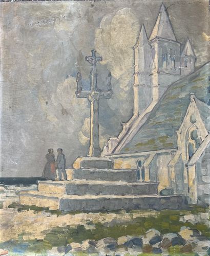 null 20th Century BRETON SCHOOL: COUPLE BEHIND A CALVARY IN RAINY WEATHER. Oil on...