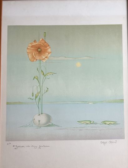 null Serge CARRÉ (born in 1929) : TWO GRASSHOPPERS AND POPPIES IN AN EGG. Lithograph...