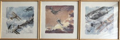 null Geo HAM (1900-1972) : AIR COMBAT OF THE GREAT WAR. Suite of three color prints,...