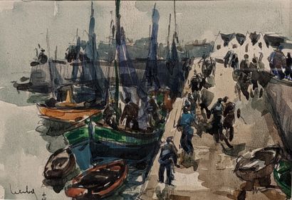 null Fernand HERBO (1905-1995): RETURN FROM FISHING. Watercolor, signed lower right...