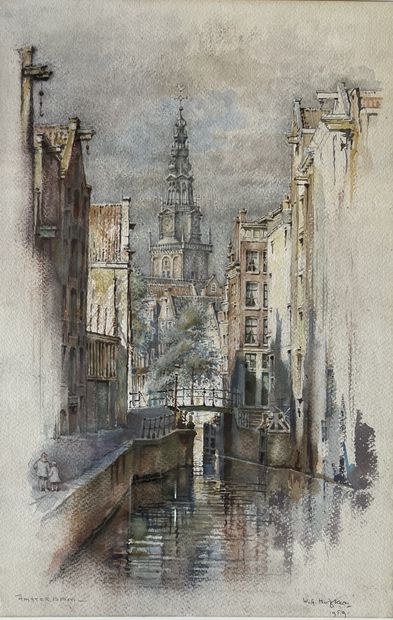 null W.G. HOZKER: VIEW OF AMSTERDAM. Watercolor, signed lower right and dated 1959,...