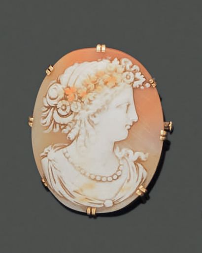 null 18K (750) yellow gold brooch set with a shell cameo carved with a profile of...