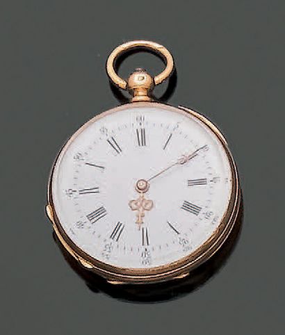 null 18K (750) yellow gold collar watch, the dial enamelled white, the hours in Roman...