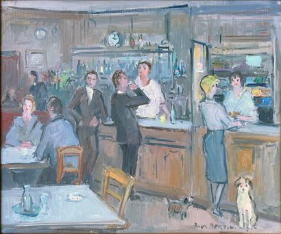 null Roger BERTIN (1915-2003) : AU CAFE. Huile sur toile, signée en bas à droite....