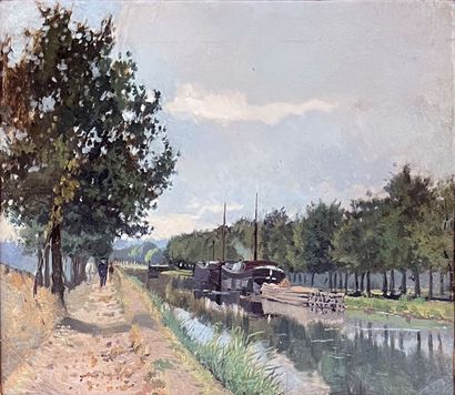 null Edmond PETITJEAN (1844-1925) : PENICHE REMORQUANT DES GRUMES SUR UN CANAL. Huile...