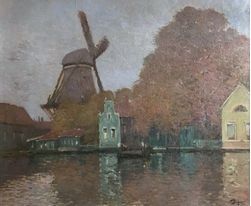 null Fernand BRUGUIERE (1879-1945) : MAISON ET MOULIN EN BORD DE CANAL EN HOLLANDE....
