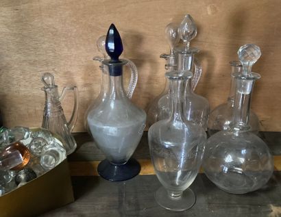null Set of carafes mismatched in glass and crystal. One joined a set of stoppers...
