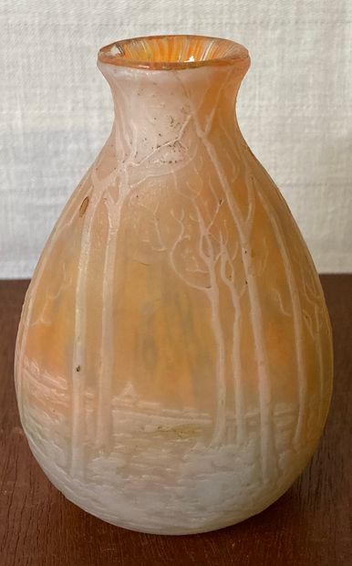 null Small vase with flattened body of baluster form, out of white and orange marbled...