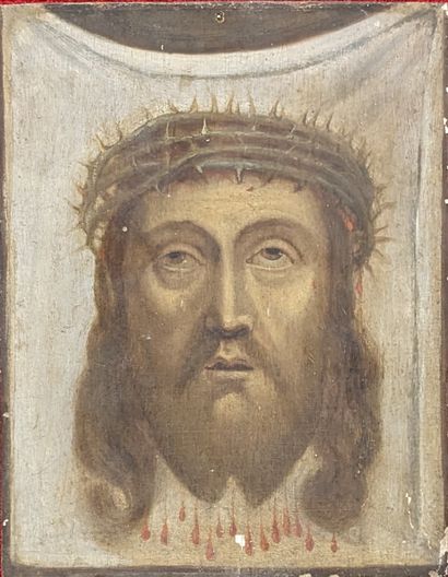 null Petite huile sur panneau figurant le visage du Christ sur le voile de Sainte...