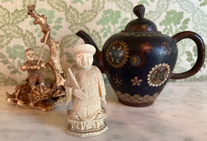 null Far East trinkets : miniature cloisonné coffee pot ; ivory statuette representing...