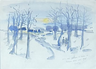 null Gaston SEBIRE (1920-2001): TWO WALKERS IN A WINTER LANDSCAPE, 1965. Ink and...