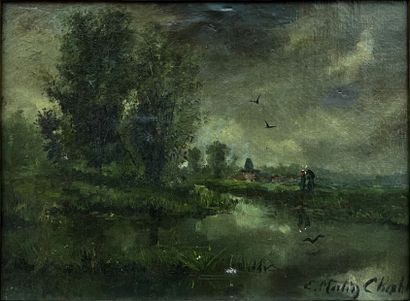 null E. MARTIN CHARLES *** (XIXth century) : LAKE LANDSCAPE. Oil on canvas, signed...