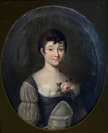 null 19th century FRENCH SCHOOL: PORTRAIT OF A YOUNG WOMAN IN BUST, a rose pricked...