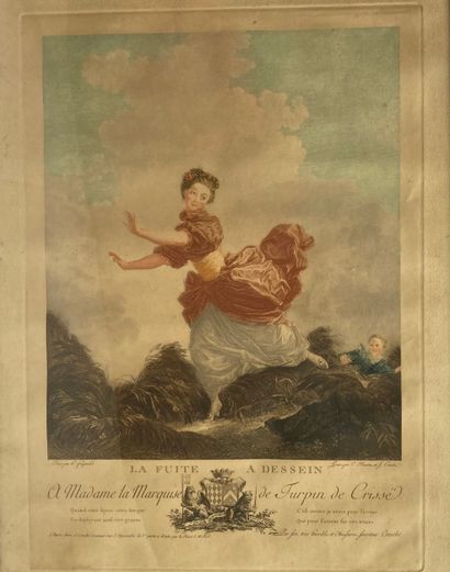 null Six tirages de gravures en couleurs d'après FRAGONARD et LAVRINCE : - LA FUITE...